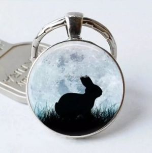 New Silhouette of Rabbit in Full Moon Silver Keychain.